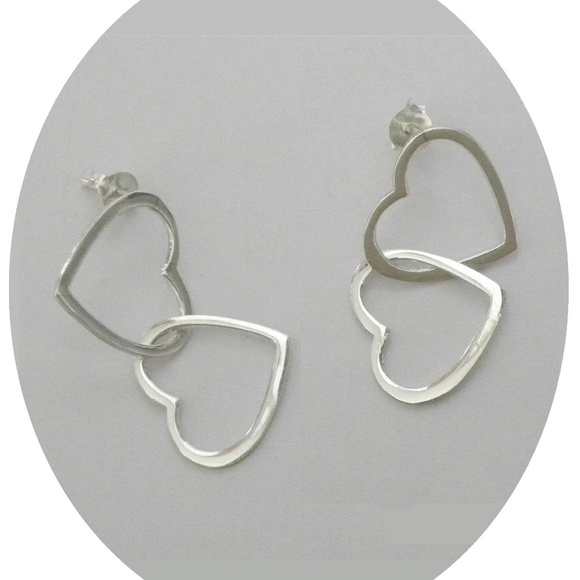 Sterling Silver Linked Heart Earrings 1 1/4" Long - Picture 3 of 3